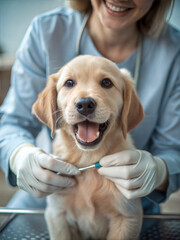 veterinarian taking care of a puppy's teeth with a smile in a veterinary clinic