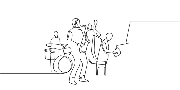 A continuous art style a jazz band with the main character playing the saxophone. line art on transparent background Editable stroke.