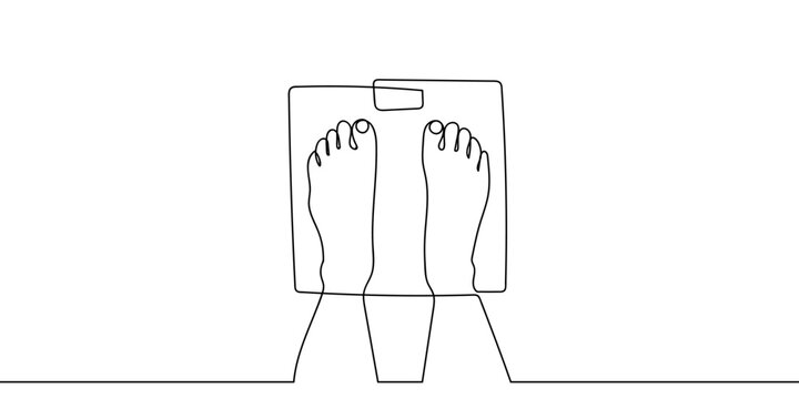 A continuous line of art a person weighing themselves on a digital scale, top view. line art on transparent background Editable stroke.