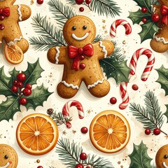 Festive Holiday Seamless Pattern with Gingerbread Men, Holly, Oranges and Candy Canes