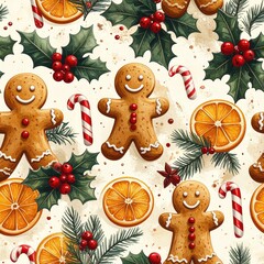 Festive Christmas Seamless Pattern with Gingerbread Men, Holly, Oranges and Candy Canes