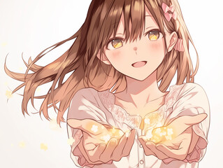 Smiling Anime Girl Holding Gentle Light in Her Hands Symbol of Hope and Kindness
