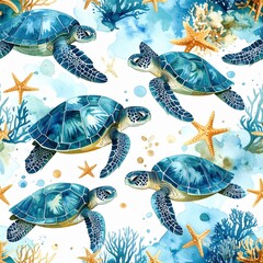 Watercolor Sea Turtle Seamless Pattern with Starfish and Coral on White Background