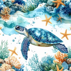 Watercolor Sea Turtle Seamless Pattern with Coral and Starfish, Ocean Life Illustration