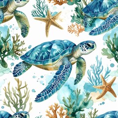 Watercolor Sea Turtle Seamless Pattern with Starfish and Coral on a White Background