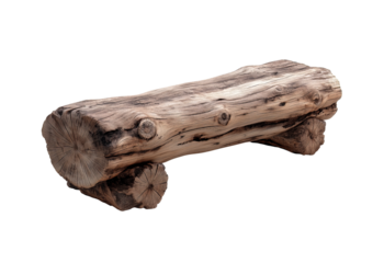 Rustic log bench with visible grain and knots on a white background isolated on a transparent background