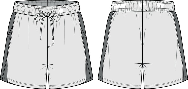 Men Athletic Training Shorts Technical Fashion Illustration Template Front and Back View Vector Flat Sketch for Apparel Design and Tech Pack