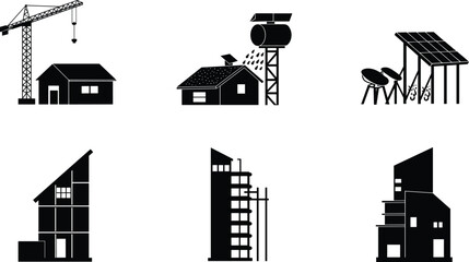 Obraz premium Construction icons, solar panels, eco housing, crane, modern buildings, architecture, engineering, sustainability, urban, industry, project, development