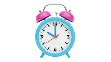 Blue and pink twin-bell alarm clock on white background