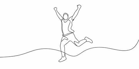 A single line drawing of a person celebrating a victorious run