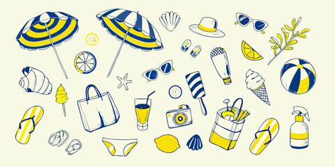 A vibrant summer collection featuring beach essentials in blue and yellow hues