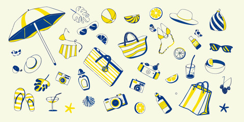 Summer vacation essentials beach items and accessories in blue and yellow