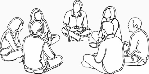 A group of people sitting in a circle drawn in a simple line art style
