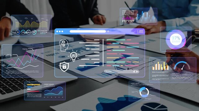 Business Team Analyzing Data Charts with Advanced Technology and Digital Screens Displaying Graphs and Statistical Information in Office Environment Gluon.