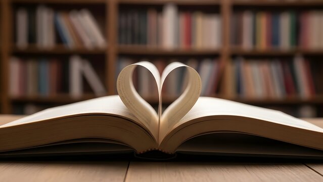 Heart shaped book page in library