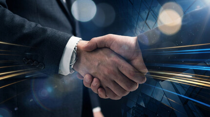 Two businessmen shake hands against a dynamic digital background with light trails and modern architecture, symbolizing global business partnership, technology, and successful deals