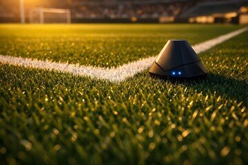 Advanced sports tracking device resting on the boundary line of a vibrant soccer field at sunset.