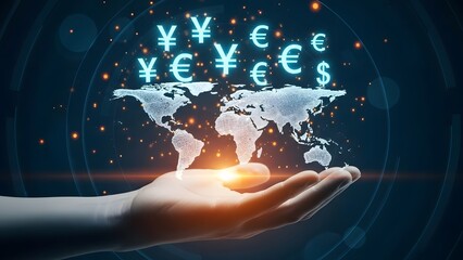 Global Currency Exchange Concept – World Map with Dollar, Euro, Yen, and Financial Network Technology Design