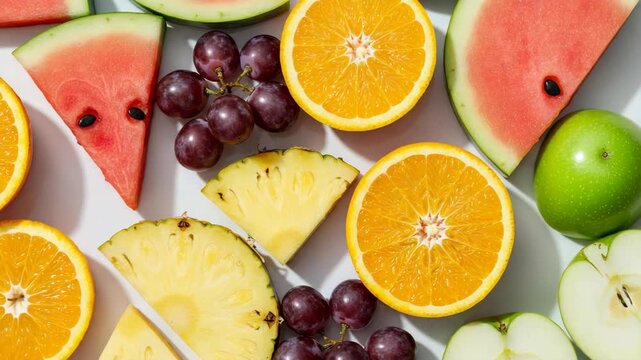 Vibrant Assortment of Fresh Fruits on White Background Featuring Watermelon Pineapple Orange Grapes and Green Apples in a Flat Lay Still Life