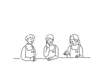 エプロンをつけて会話する三人の女性、線画