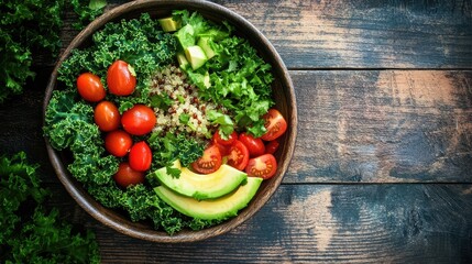 Fresh vibrant salad bowl with tomatoes avocado and leafy greens set on a rustic wooden table with textured surface healthy food concept