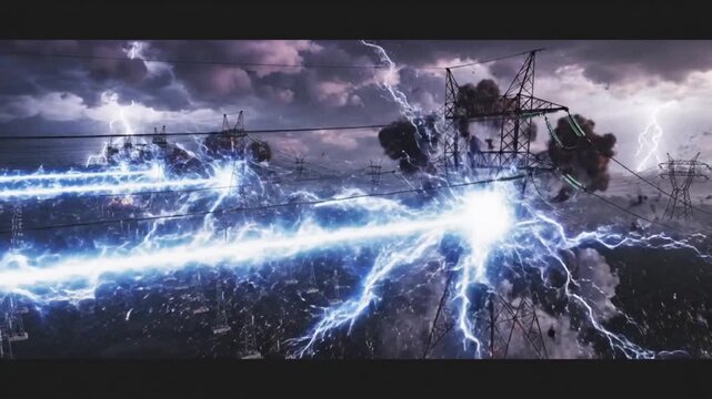 Massive Electrical Discharge and Explosions at Power Lines During a Storm.