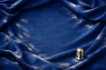 A silver thimble rests on luxurious dark blue textured linen fabric, framed by dramatic folds.