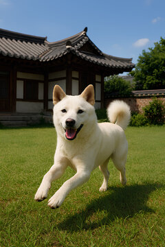 Korean jindo dog on the traditional house yard