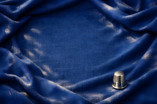 A silver thimble rests on luxurious dark blue textured linen fabric, framed by dramatic folds. - Powered by Adobe