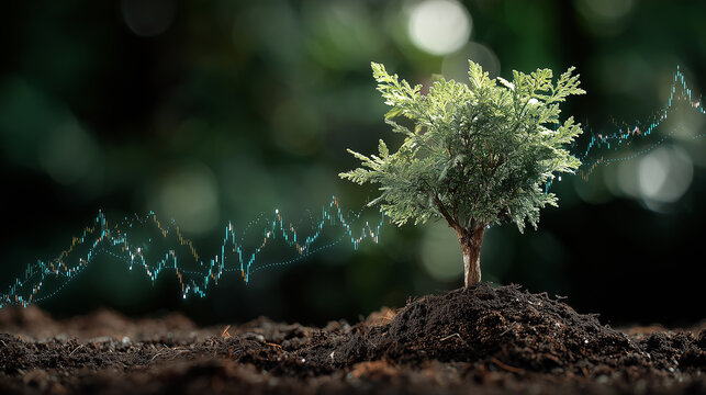 Growing Tree on Soil with Abstract Digital Line Graph Depicting Financial Growth and Environmental Progress in Nature Concept - Powered by Adobe