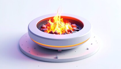 A circular fire pit with flames, set on a white platform