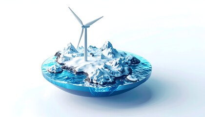 Miniature arctic landscape with wind turbines in ocean, white background