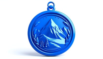 Blue award medal with mountain and tree details, a loop, and a rim