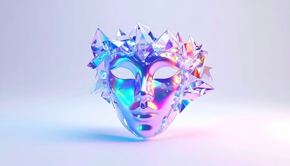 A holographic mask adorned with crystalline shards, on a gradient backdrop