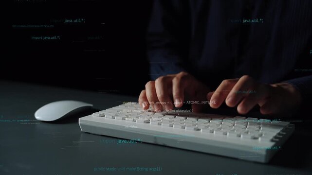 A modern workspace featuring hands typing on a keyboard with glowing digital text in the background, symbolizing technology, communication, and productivity in today digital age. Xenic