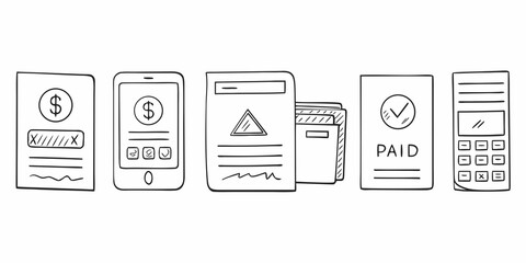 Sketch illustrations of mobile payment transactions and digital finance concepts © Anik
