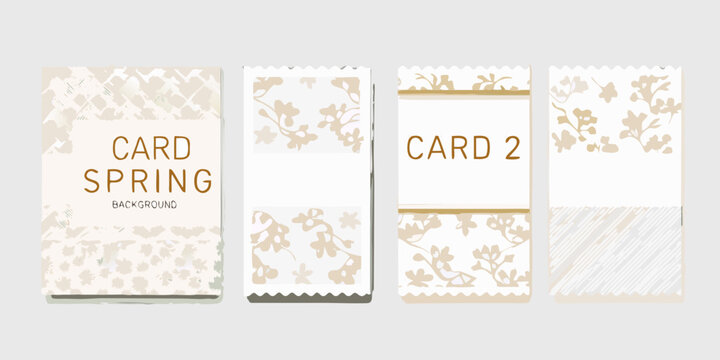 Four spring themed card designs with floral patterns and text overlays