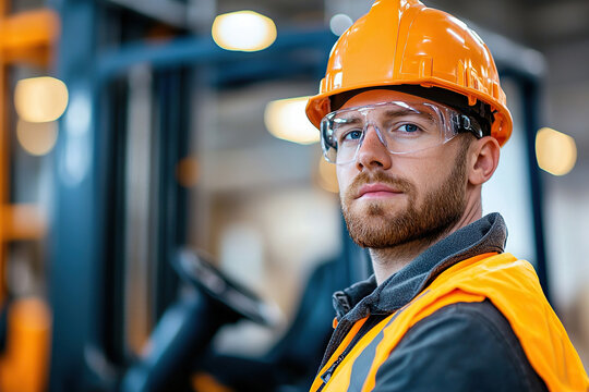 Safety gear, construction worker, forklift operator, industrial setting, orange helmet, protective eyewear, focused expression