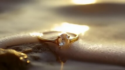 Solitaire diamond ring resting on wet sand at sunset - Powered by Adobe