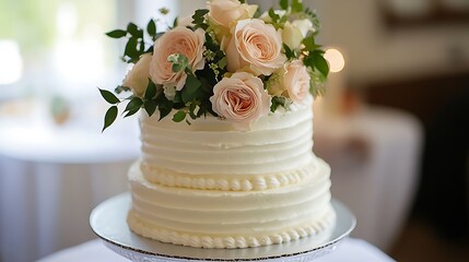 A beautiful wedding cake decorated with elegant pink roses and floral icing stands on a reception table for a romantic bridal celebration of love and marriage