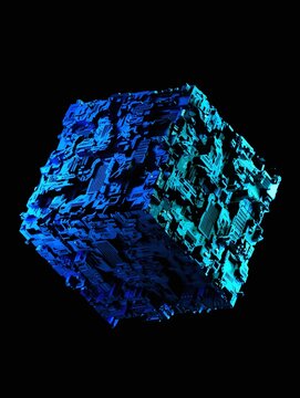 Abstract Futuristic Tech Borg Cube with Complex Metallic Mechanical Details on Plain Black Background