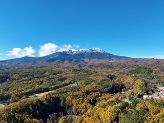 A mountain range with a snowy peak and a clear blue sky. The mountains are covered in trees and the sky is bright and sunny