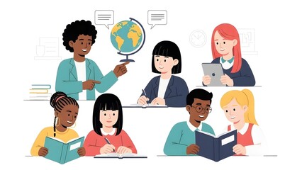 Diverse students learning in classroom with teacher explaining globe