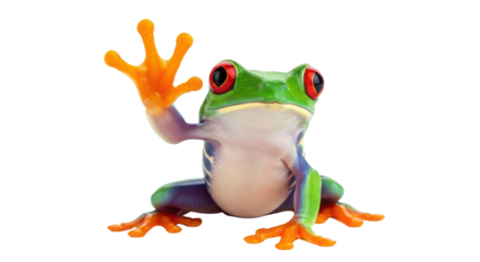 Vibrant Red-Eyed Tree Frog Waving Isolated on White Background