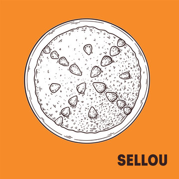 Sellou sketch. Maghreb food. Maghrebi cuisine. drawing illustration. Top view.
