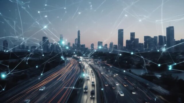 Urban Connectivity: A cityscape illustrating the fusion of technology and transportation networks