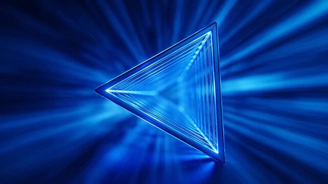 Futuristic neon triangle object with glowing blue and purple lights in abstract space