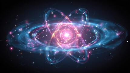 Vibrant Abstract Atomic Structure Showcases Glowing Electron Orbits and Colorful Energy Levels on a Dark Background in a Dynamic Arrangement