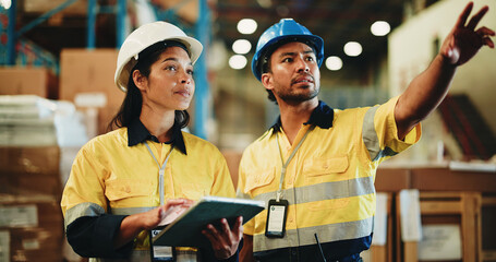 People, warehouse and team pointing with tablet for inventory checklist or storage inspection. Man, woman or employees with technology for shipping logistics, cargo safety or quality check in depot
