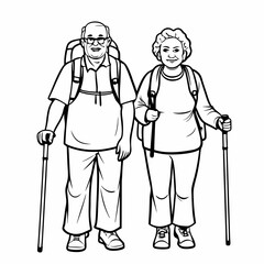 elderly couple smiling with hiking poles on a white background